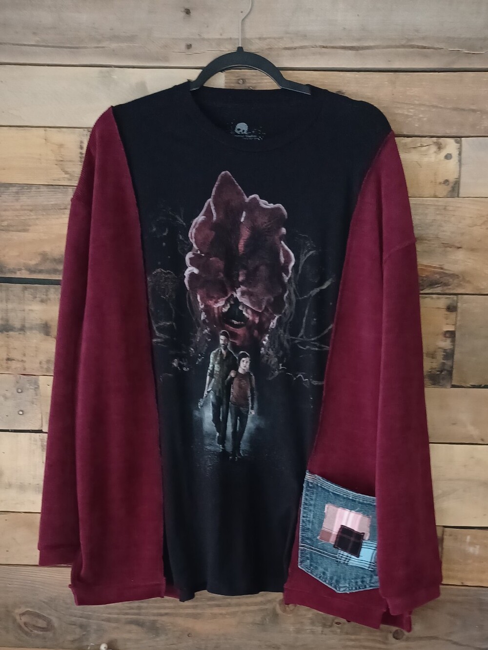 Upcycled  Graphic T-shirt with Burgundy Sleeves